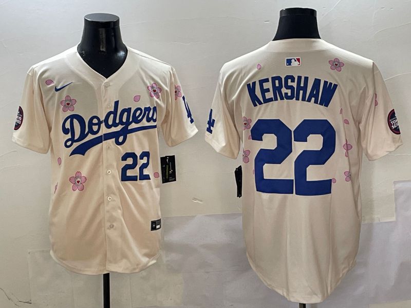 Men Los Angeles Dodgers 22 Kershaw Cream White Blue Sakura Edition 2025 Nike MLB Jersey style 3